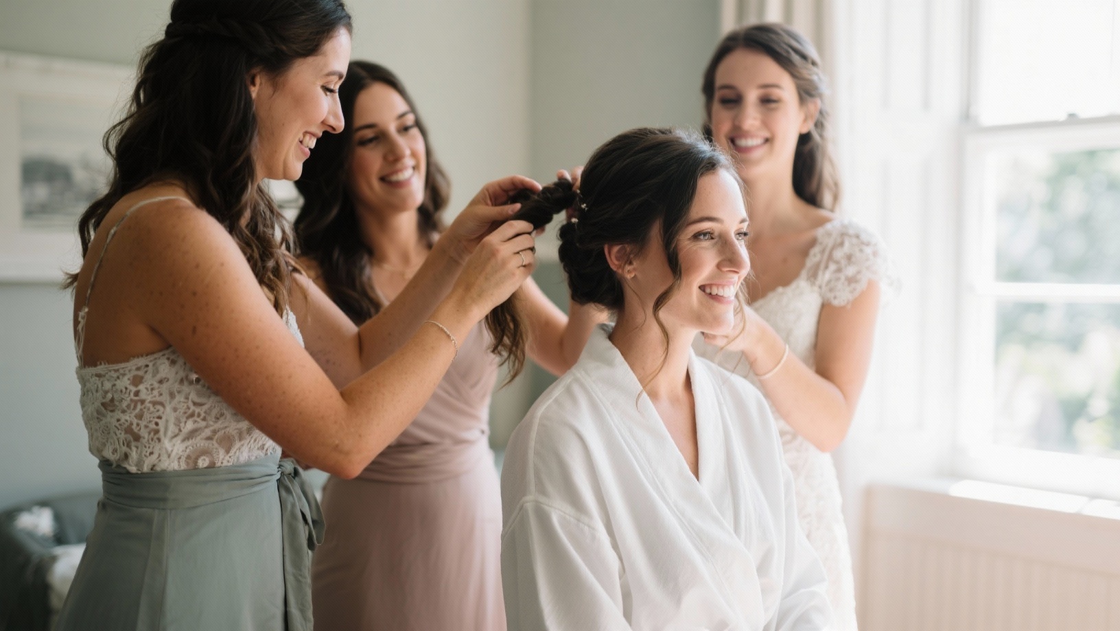 Mariée se préparant le matin avec ses témoins dans une chambre lumineuse