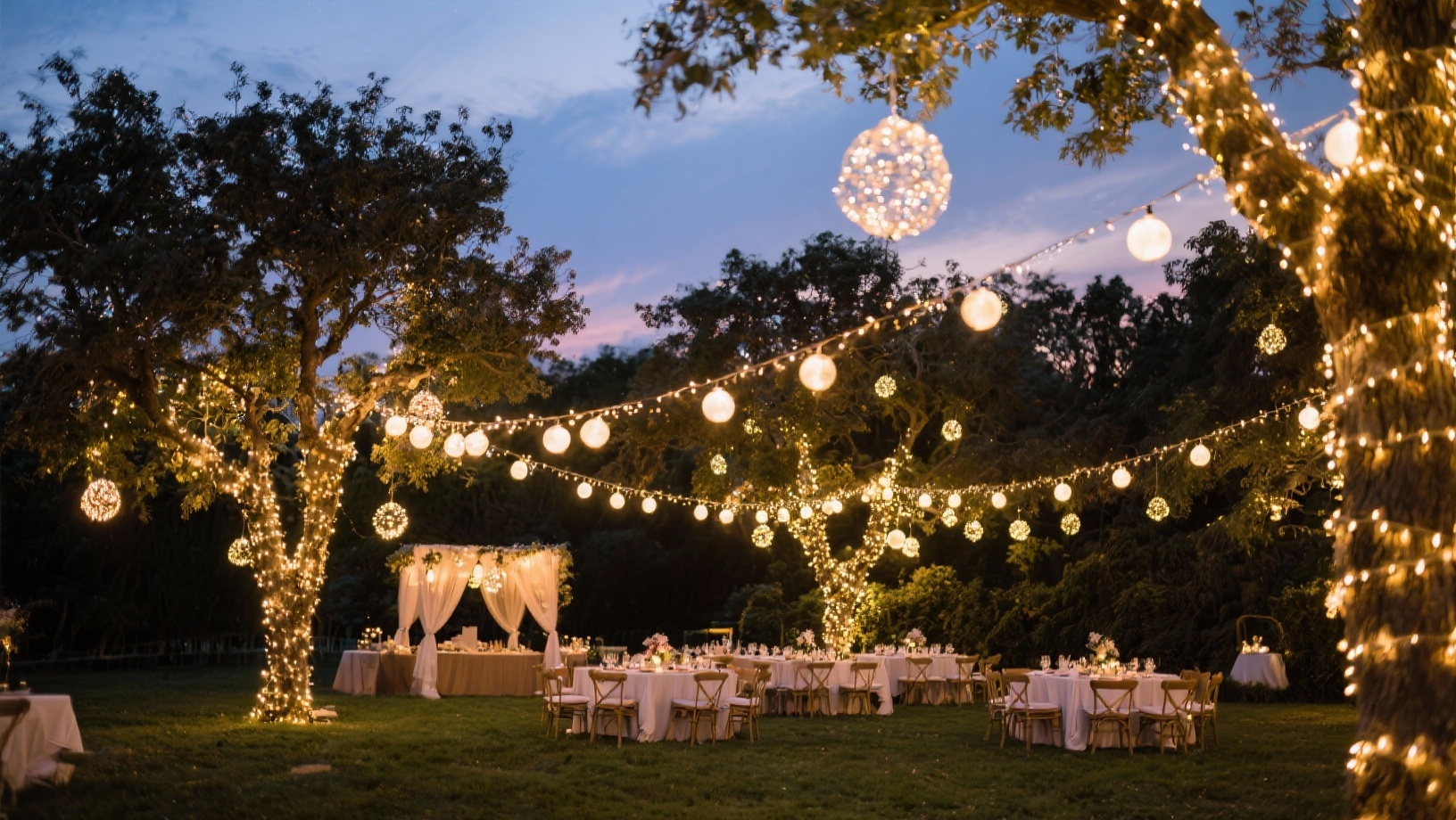 Guirlandes lumineuses et lanternes illuminant une réception de mariage en extérieur