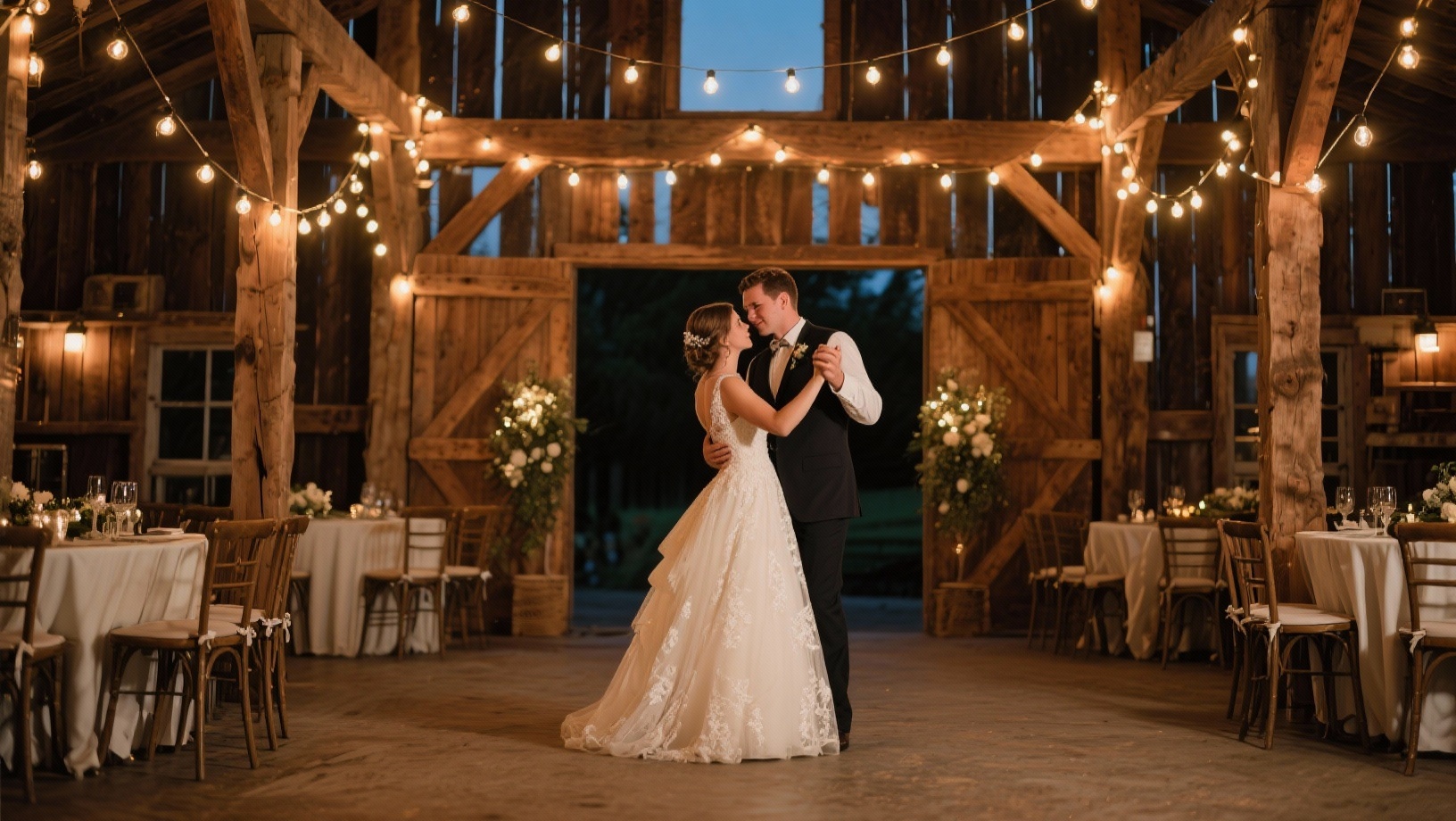 Couple de mariés dansant leur première danse sous les guirlandes lumineuses