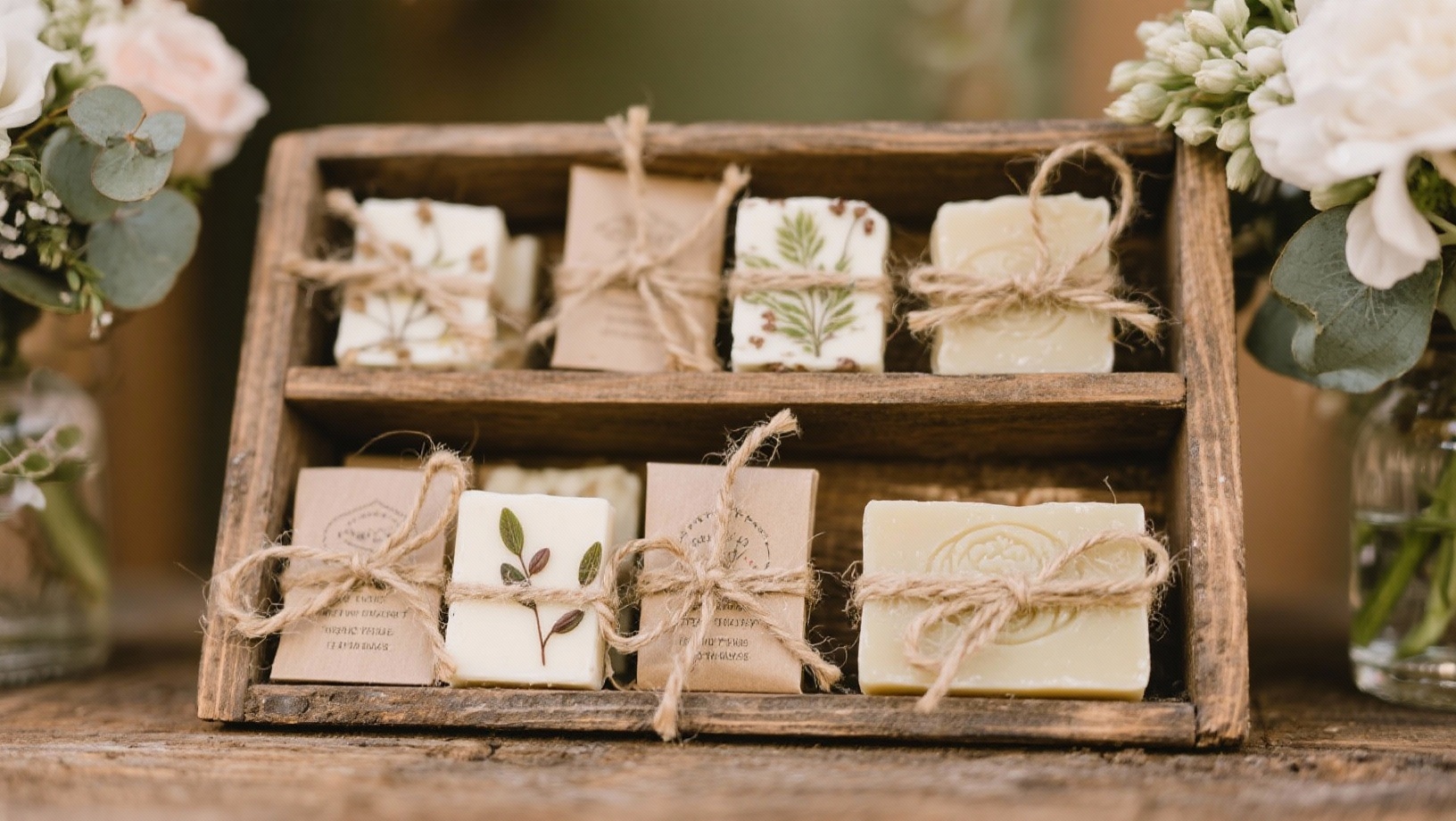Sachets de graines et savons artisanaux présentés sur table en bois